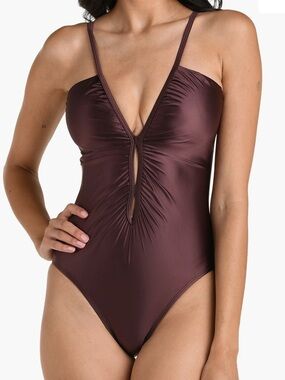 La Blanca Earth Goddess V-Neck One-Piece Swimsuit in Truffle SZ 10 NWT